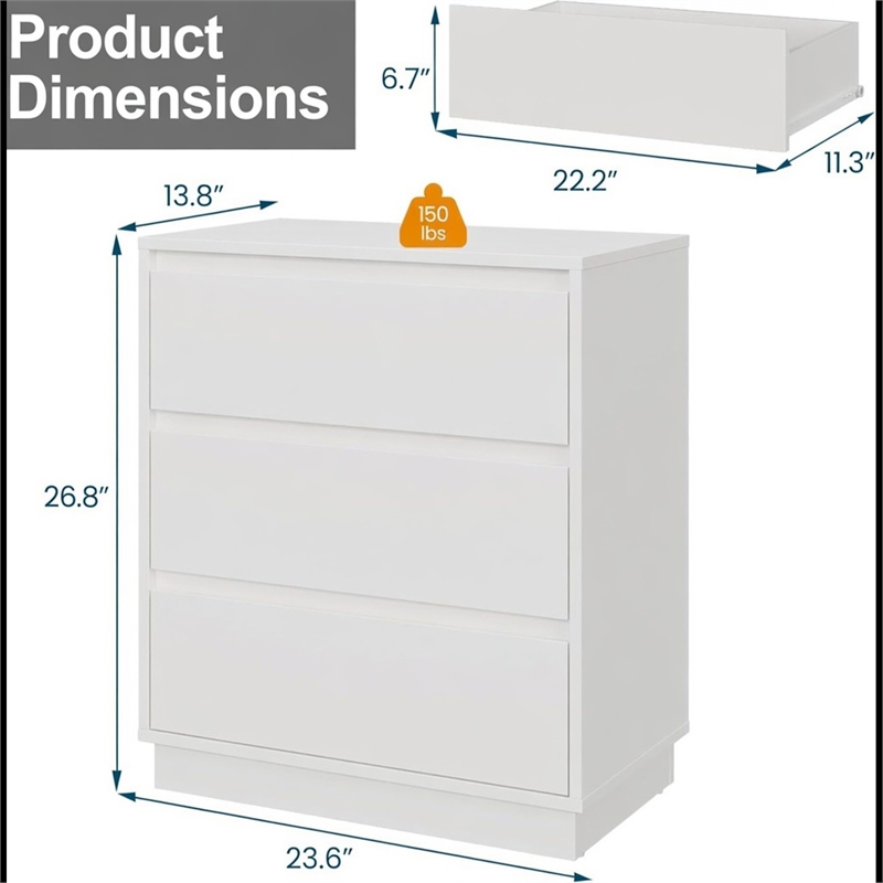 23.6 Wide White Large Morden Wood Nightstand with 3 Drawers (Set of 2)