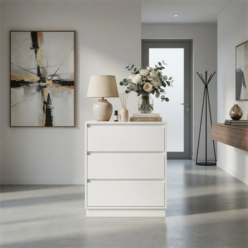 23.6 Wide White Large Morden Wood Nightstand with 3 Drawers (Set of 2)