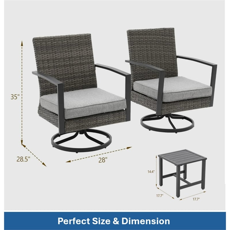 3-Piece Gray Swivel Rocker Patio Bistro Set with Side Table & Cushions