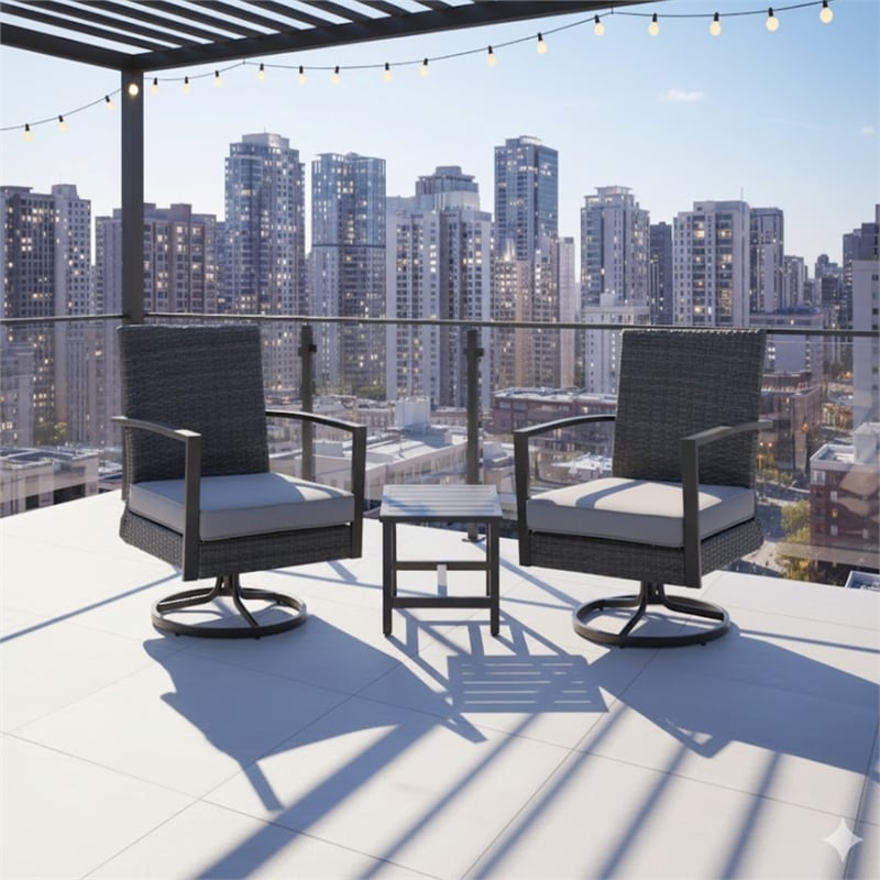 3-Piece Gray Swivel Rocker Patio Bistro Set with Side Table & Cushions