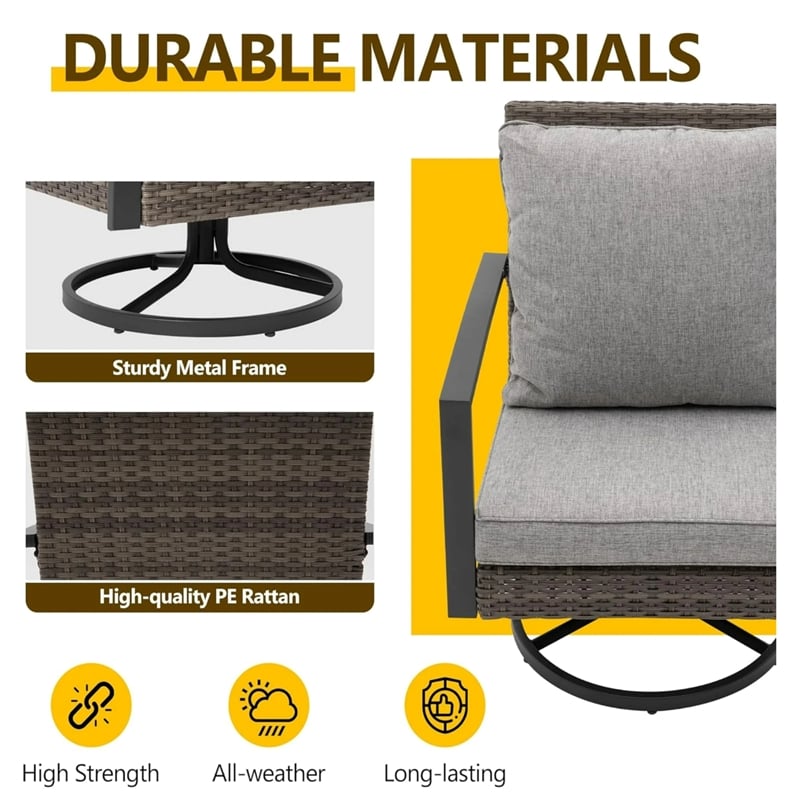 3-Piece Gray Swivel Rocker Patio Bistro Set with Side Table & Cushions