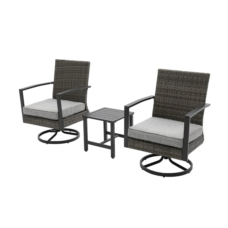 3-Piece Gray Swivel Rocker Patio Bistro Set with Side Table & Cushions