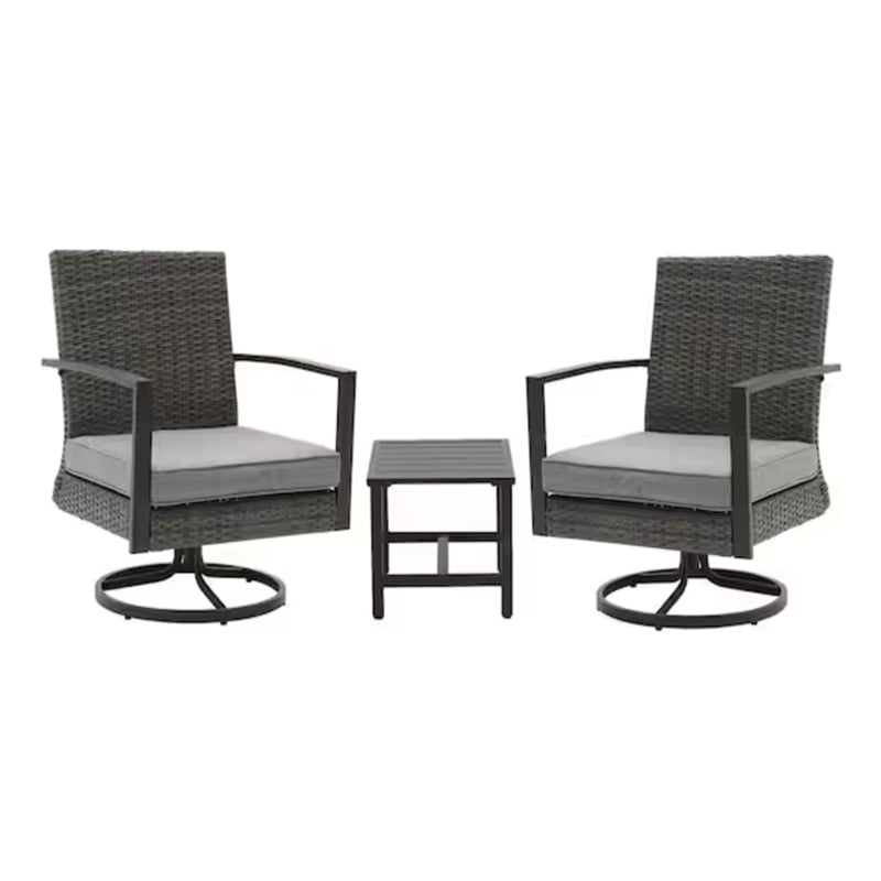 3-Piece Gray Swivel Rocker Patio Bistro Set with Side Table & Cushions