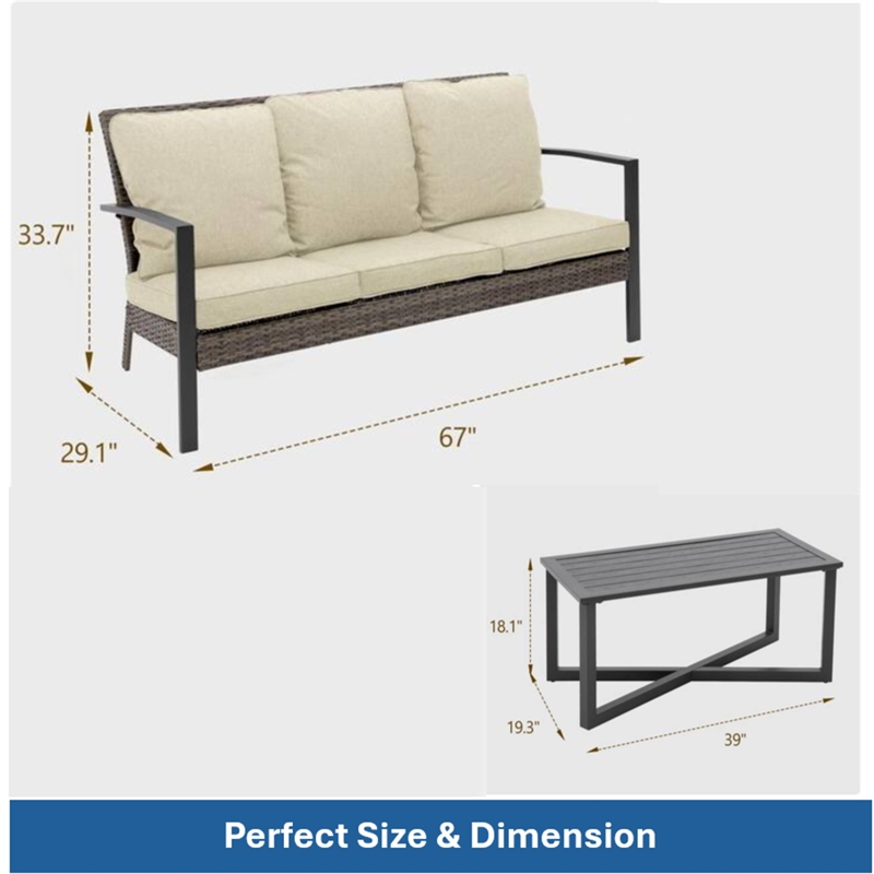 2-Piece Wicker Patio Conversation Set with Beige Cushions & Coffee Table