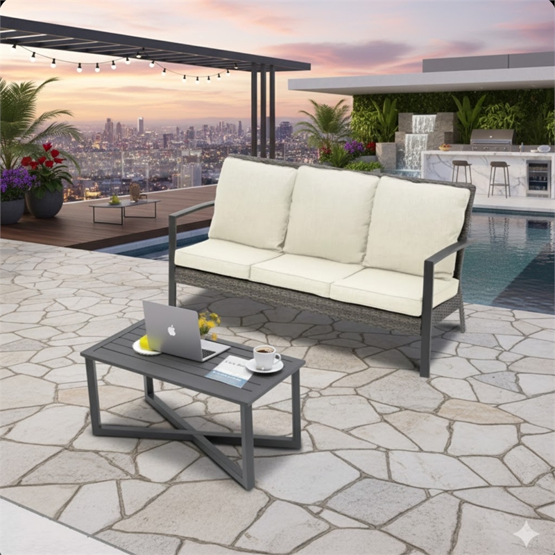 2-Piece Wicker Patio Conversation Set with Beige Cushions & Coffee Table