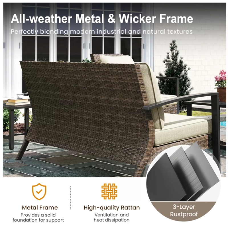 2-Piece Wicker Patio Conversation Set with Beige Cushions & Coffee Table