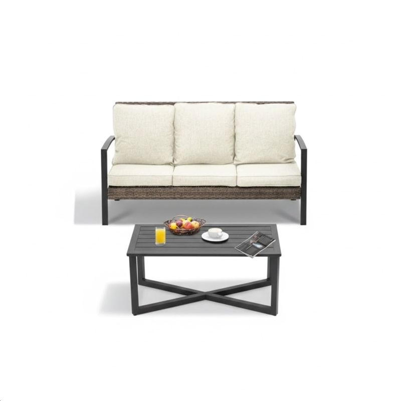 2-Piece Wicker Patio Conversation Set with Beige Cushions & Coffee Table