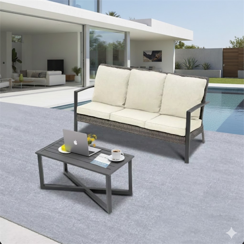 2-Piece Wicker Patio Conversation Set with Beige Cushions & Coffee Table