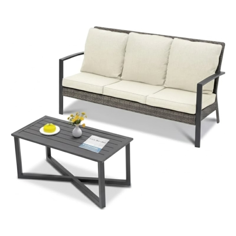 2-Piece Wicker Patio Conversation Set with Beige Cushions & Coffee Table