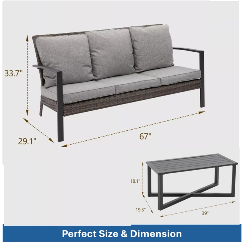 2-Piece Wicker Patio Conversation Set with Gray Cushions & Coffee Table