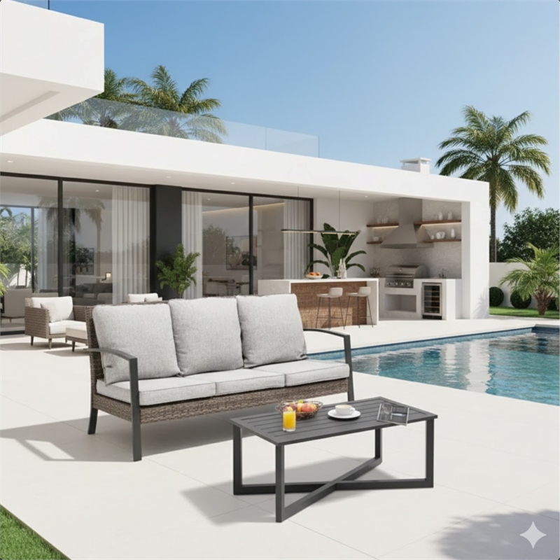 2-Piece Wicker Patio Conversation Set with Gray Cushions & Coffee Table