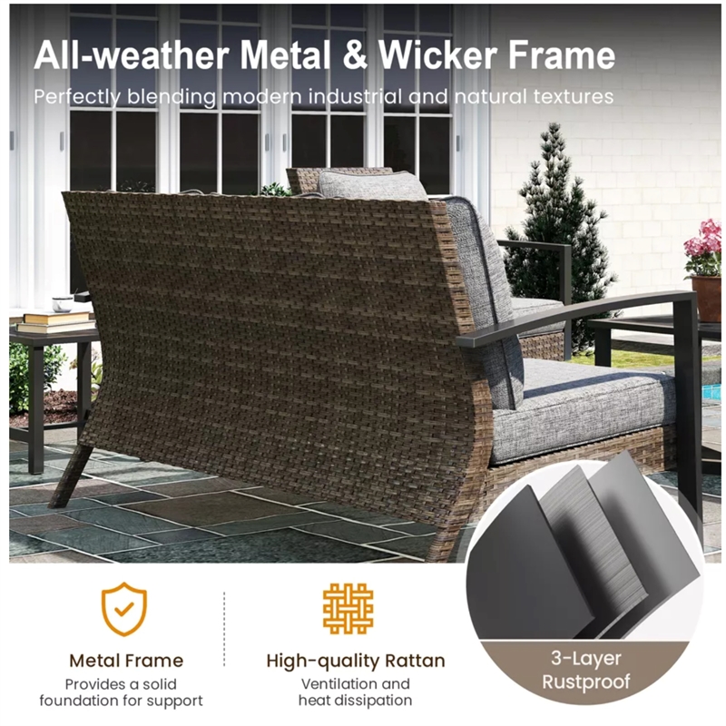 2-Piece Wicker Patio Conversation Set with Gray Cushions & Coffee Table