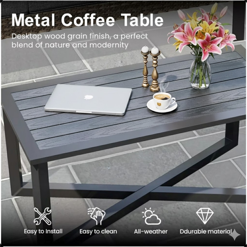 2-Piece Wicker Patio Conversation Set with Gray Cushions & Coffee Table