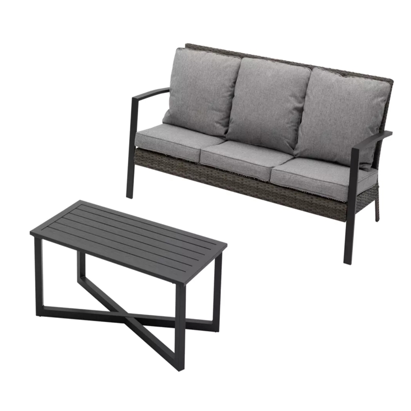 2-Piece Wicker Patio Conversation Set with Gray Cushions & Coffee Table