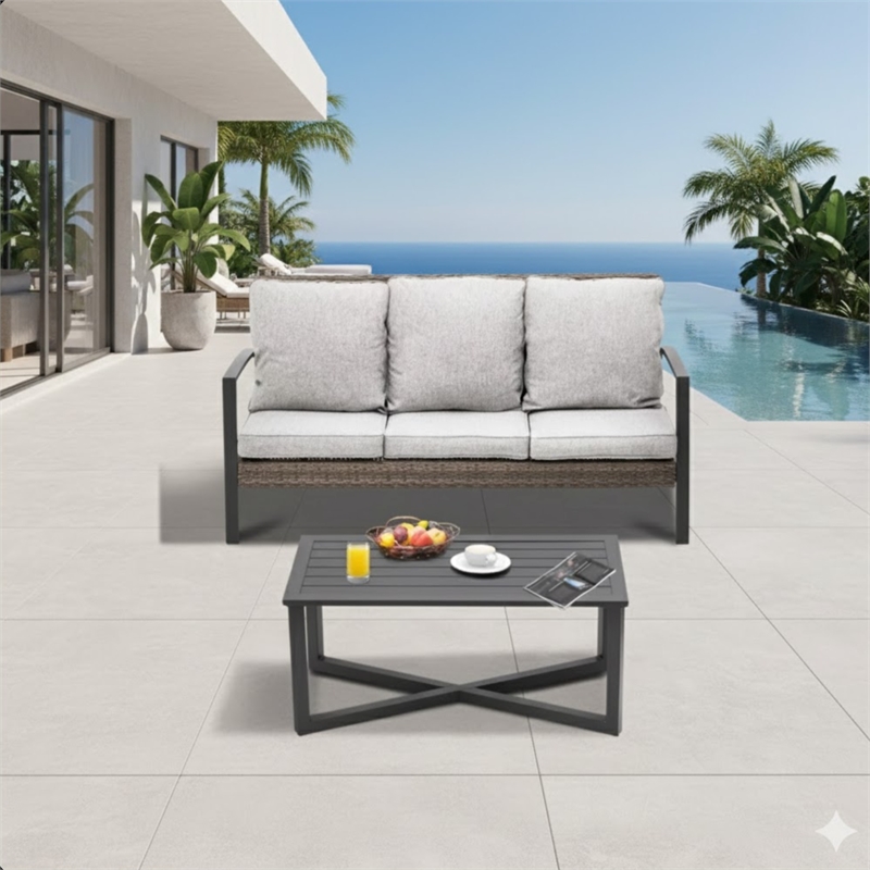 2-Piece Wicker Patio Conversation Set with Gray Cushions & Coffee Table