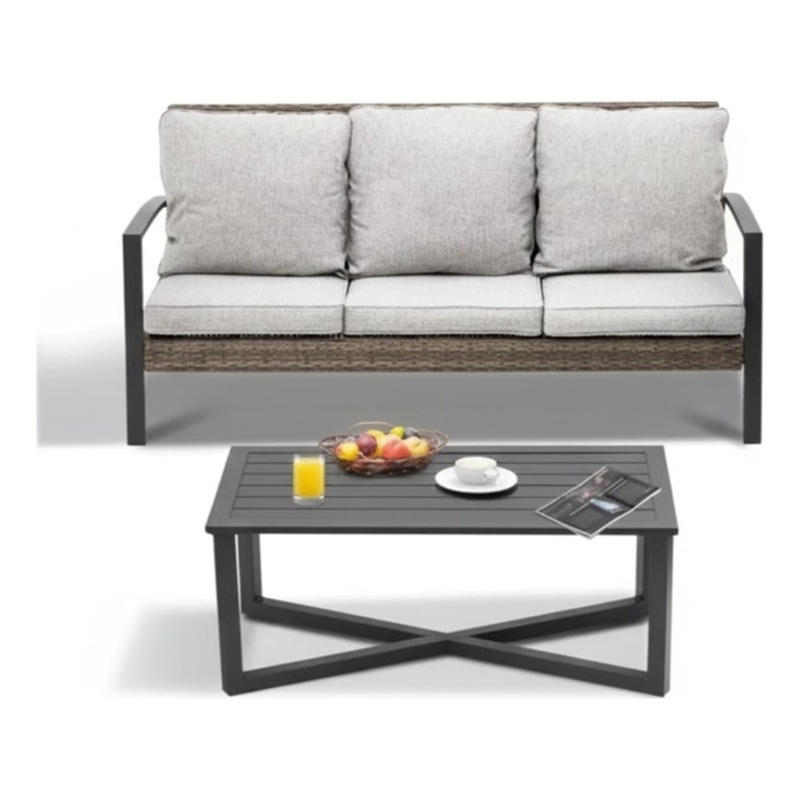 2-Piece Wicker Patio Conversation Set with Gray Cushions & Coffee Table
