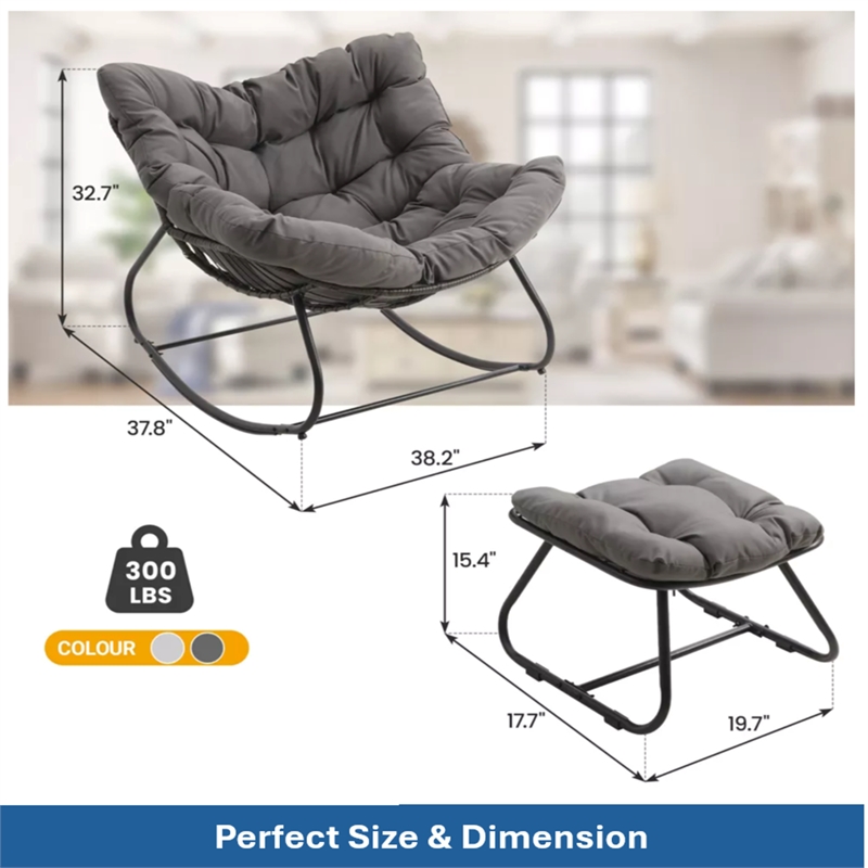 Dark Gray Egg Rocking Chair - Ottoman - All-Weather Wicker - Cushions