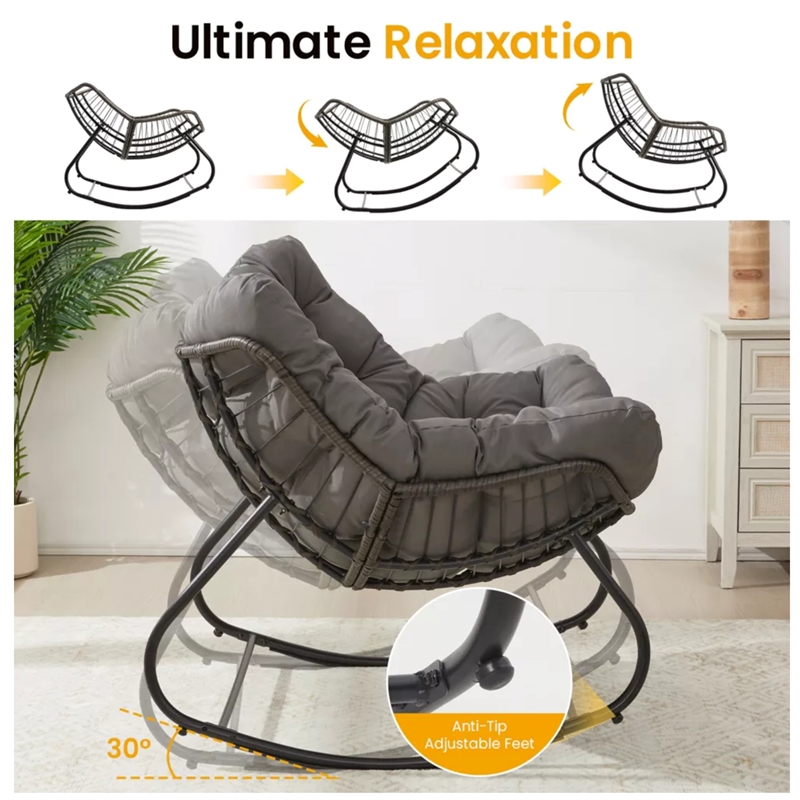 Dark Gray Egg Rocking Chair - Ottoman - All-Weather Wicker - Cushions