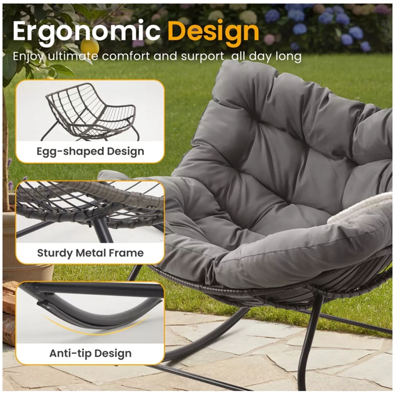 Dark Gray Egg Rocking Chair - Ottoman - All-Weather Wicker - Cushions