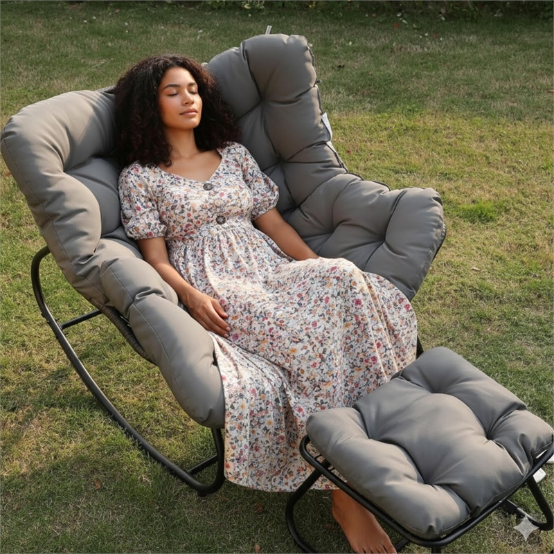 Dark Gray Egg Rocking Chair - Ottoman - All-Weather Wicker - Cushions
