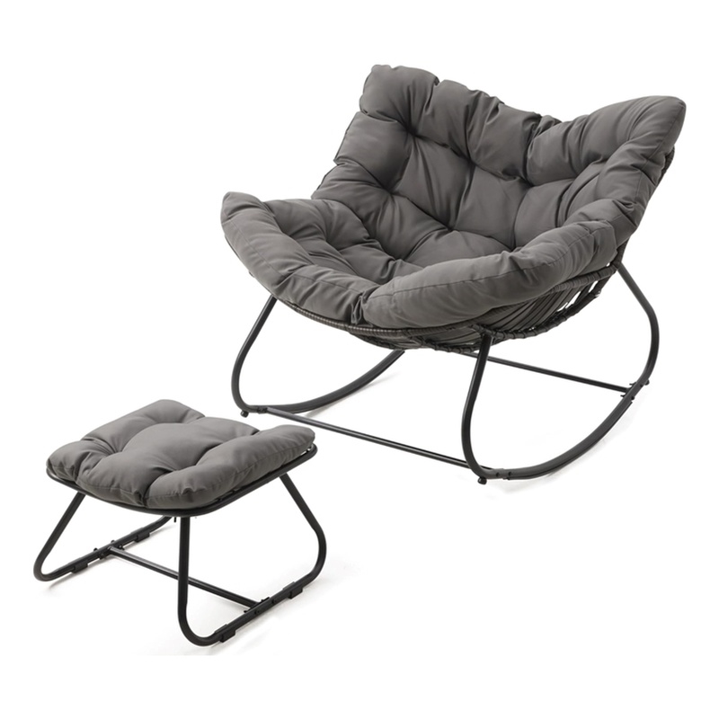 Dark Gray Egg Rocking Chair - Ottoman - All-Weather Wicker - Cushions