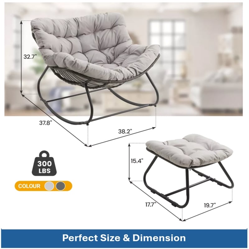 Light Gray Egg Rocking Chair - Ottoman - All-Weather Wicker - Cushions