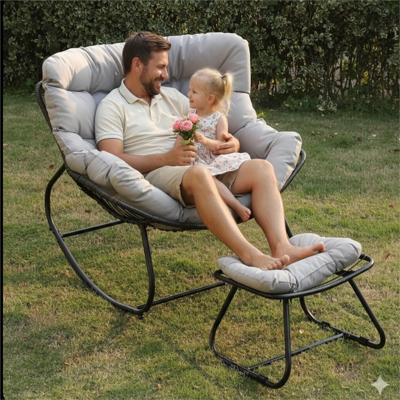 Light Gray Egg Rocking Chair - Ottoman - All-Weather Wicker - Cushions