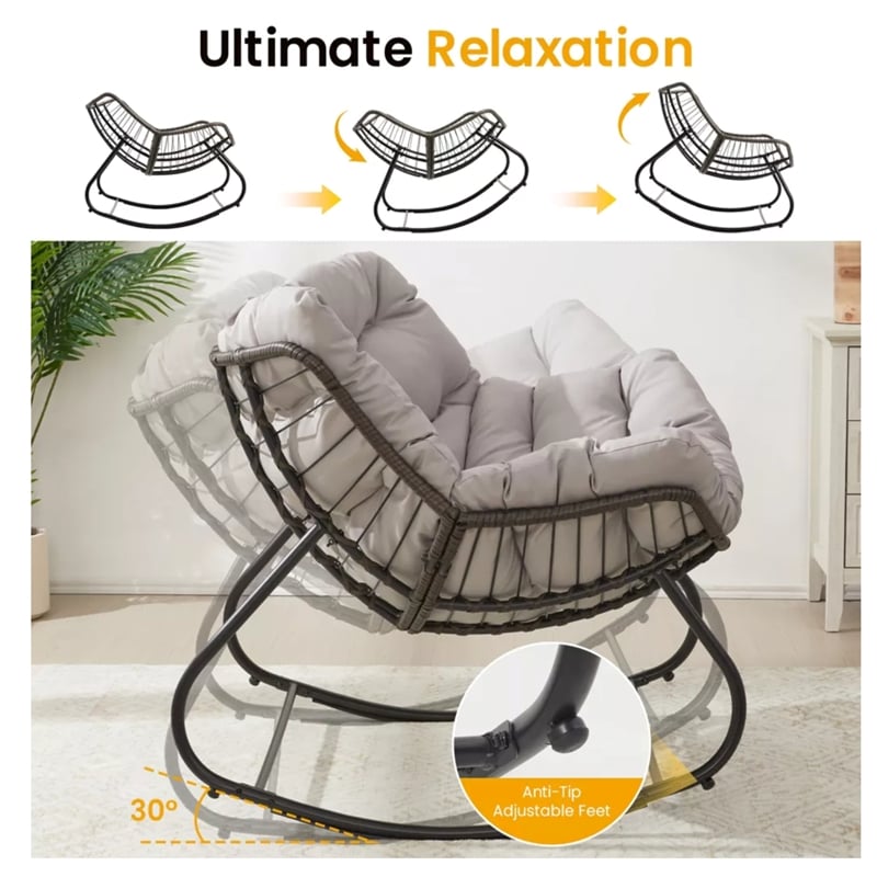 Light Gray Egg Rocking Chair - Ottoman - All-Weather Wicker - Cushions
