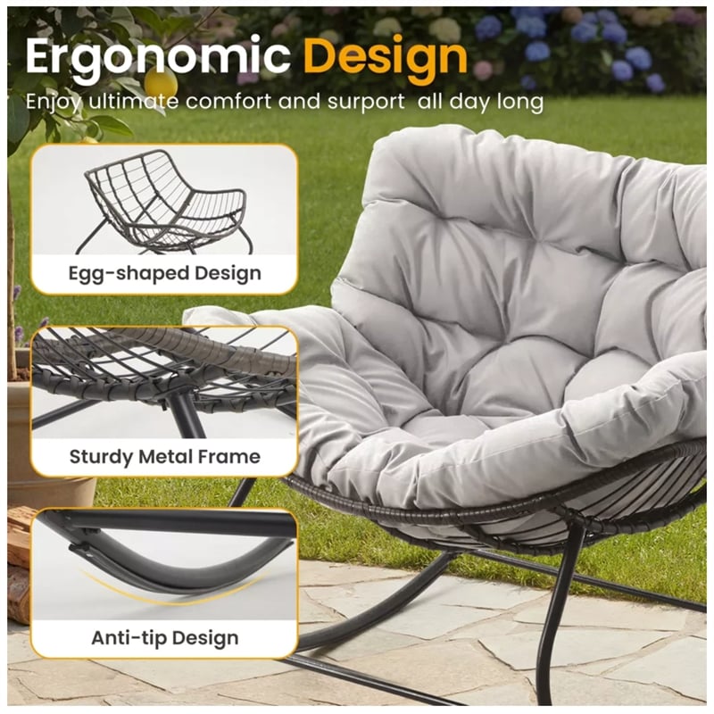 Light Gray Egg Rocking Chair - Ottoman - All-Weather Wicker - Cushions