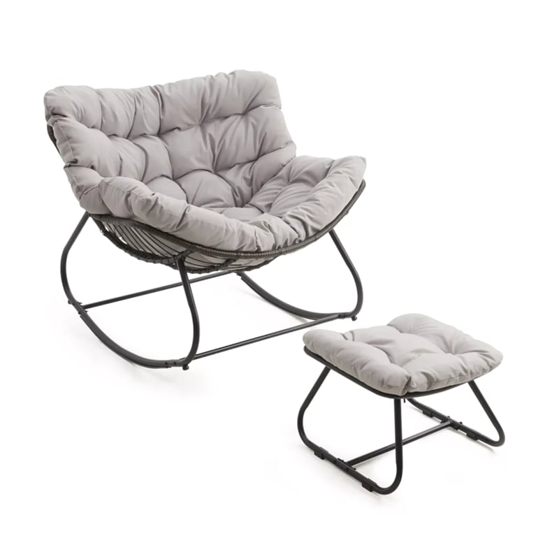 Light Gray Egg Rocking Chair - Ottoman - All-Weather Wicker - Cushions