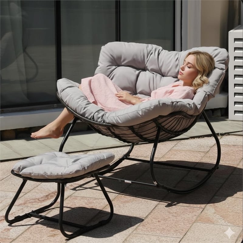 Light Gray Egg Rocking Chair - Ottoman - All-Weather Wicker - Cushions