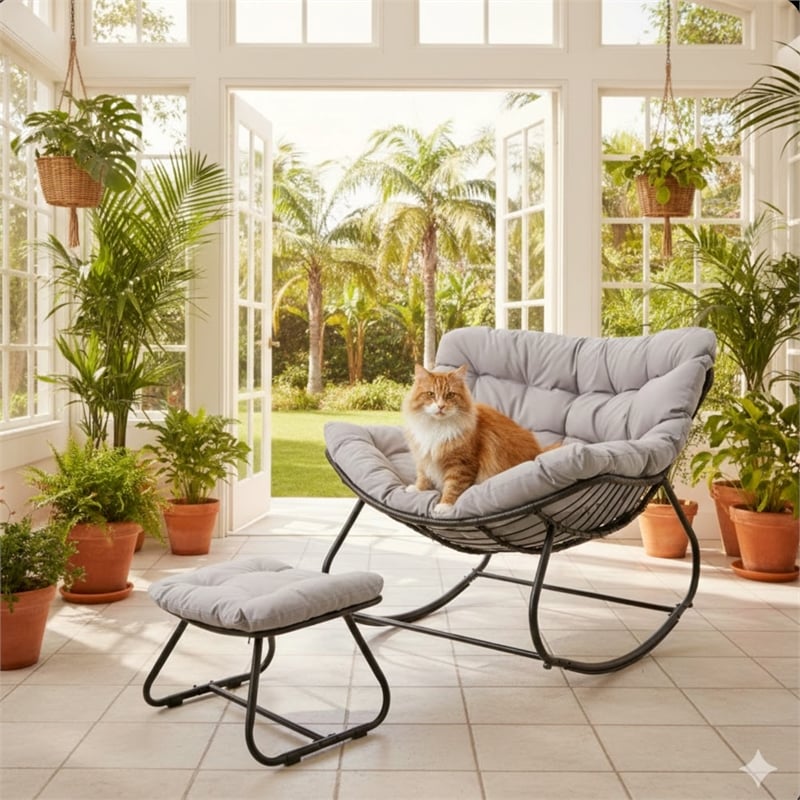 Light Gray Egg Rocking Chair - Ottoman - All-Weather Wicker - Cushions