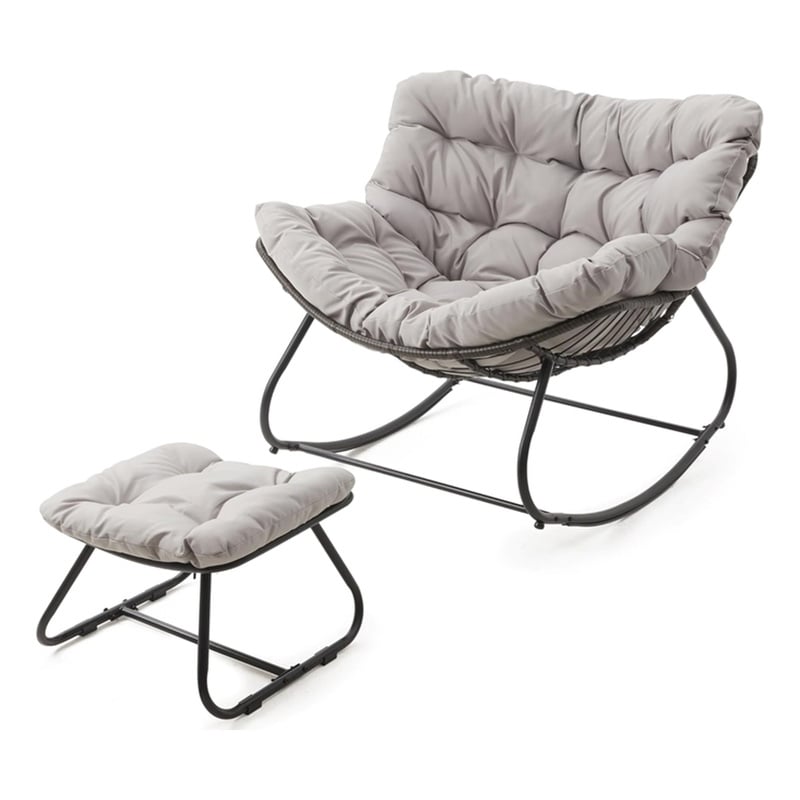 Light Gray Egg Rocking Chair - Ottoman - All-Weather Wicker - Cushions