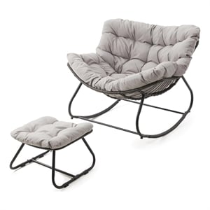 Light Gray Egg Rocking Chair - Ottoman - All-Weather Wicker - Cushions