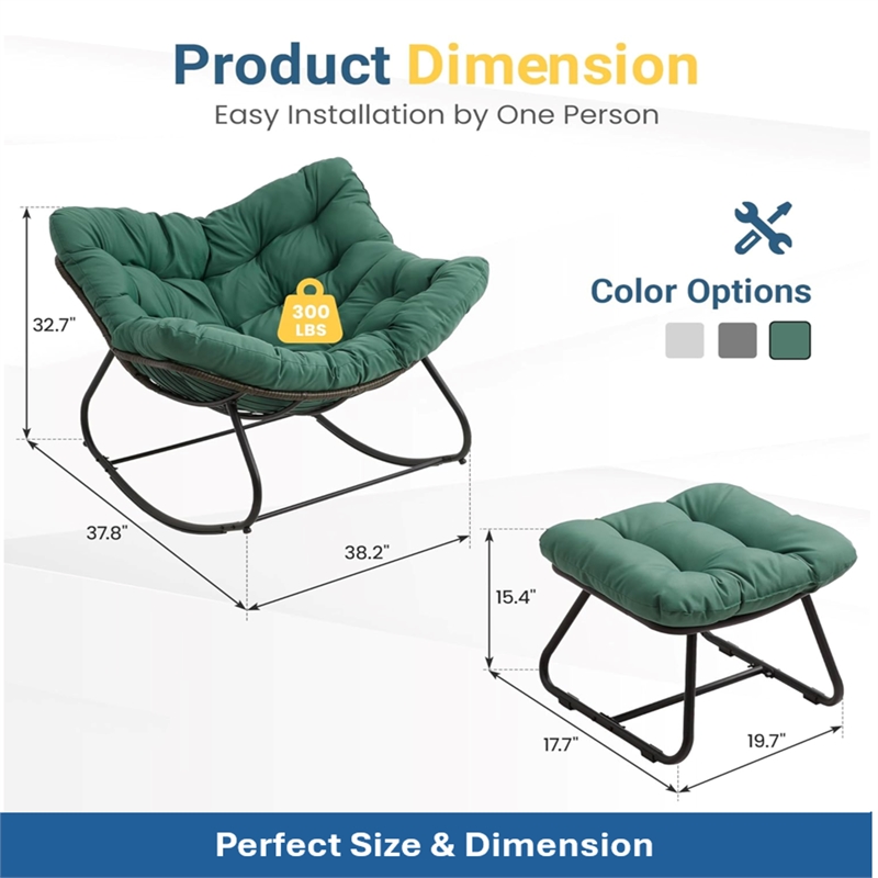 Light Green Egg Rocking Chair - Ottoman - All-Weather Wicker - Cushions