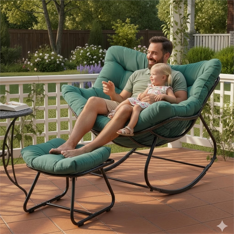 Light Green Egg Rocking Chair - Ottoman - All-Weather Wicker - Cushions
