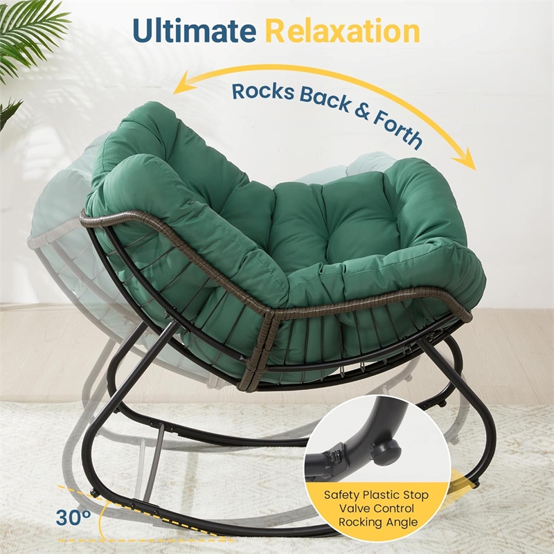 Light Green Egg Rocking Chair - Ottoman - All-Weather Wicker - Cushions