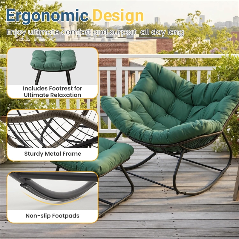 Light Green Egg Rocking Chair - Ottoman - All-Weather Wicker - Cushions