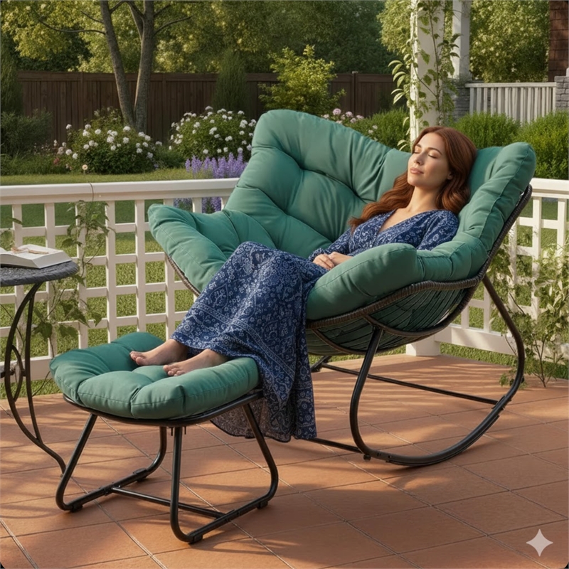 Light Green Egg Rocking Chair - Ottoman - All-Weather Wicker - Cushions