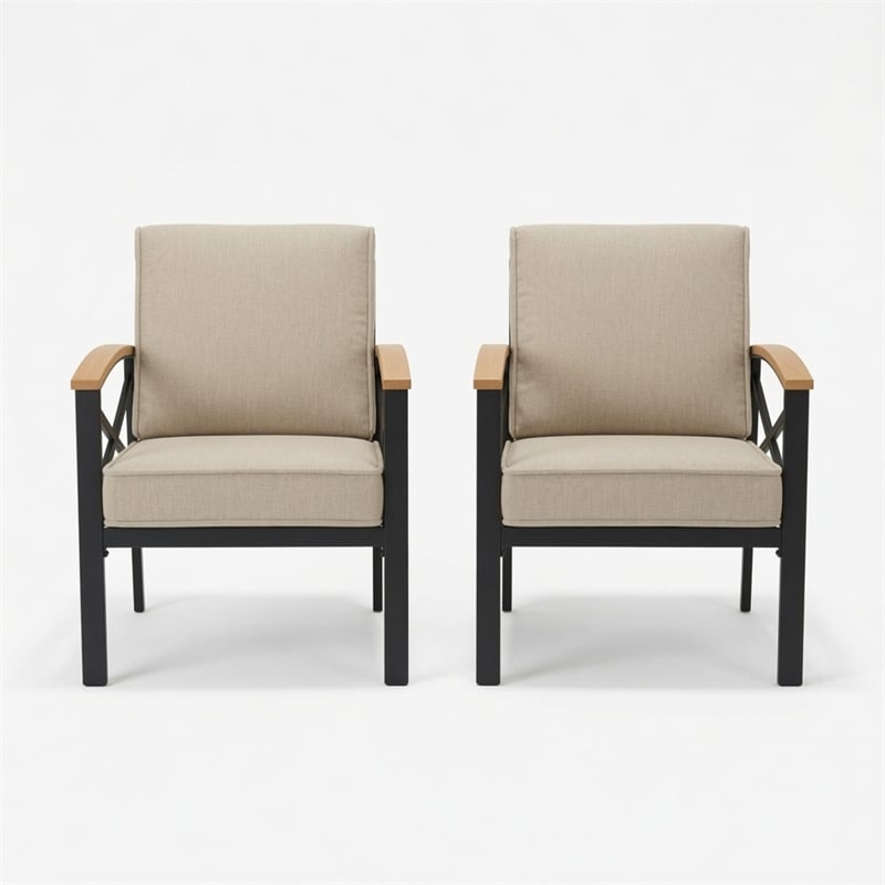 2 Pieces Havey-Duty Metal Outdoor Patio Armchair Set - All-Weather - Beige