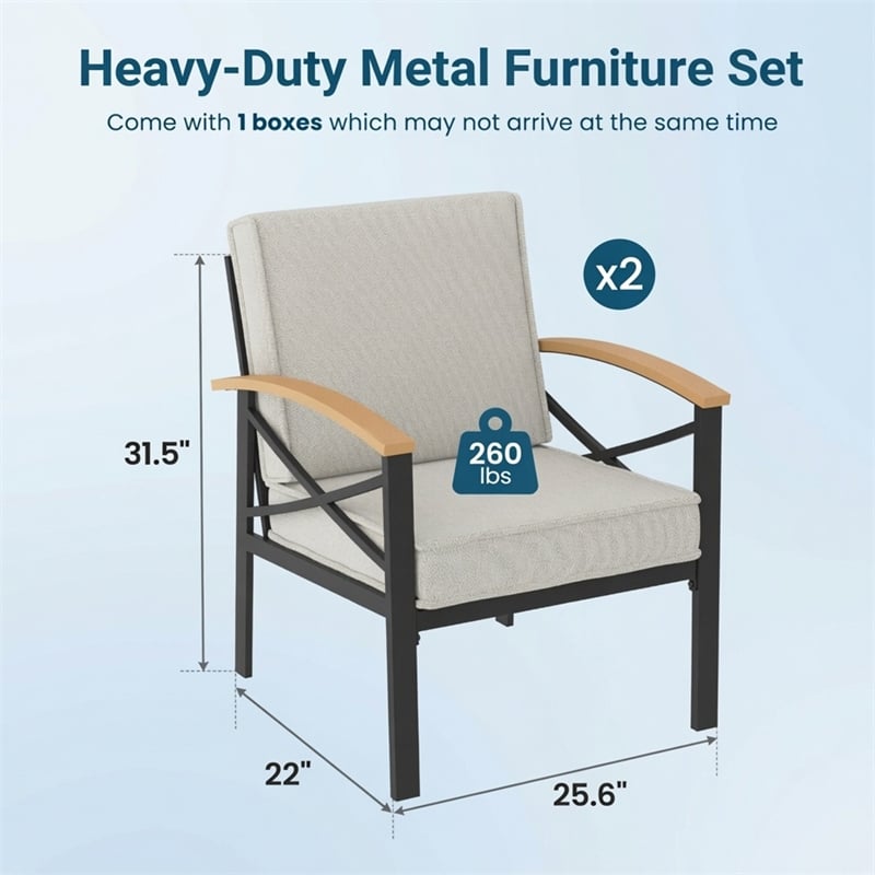 2 Pieces Havey-Duty Metal Outdoor Patio Armchair Set - All-Weather - Beige