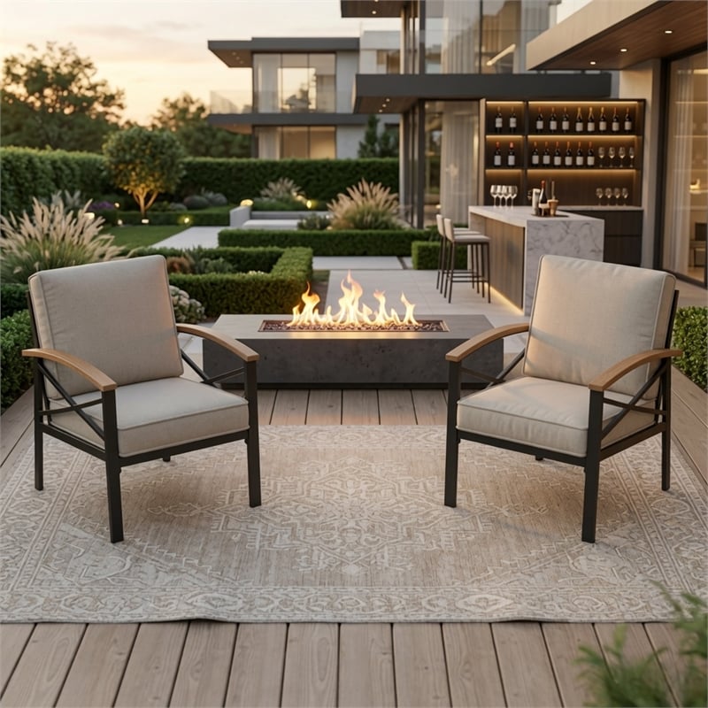 2 Pieces Havey-Duty Metal Outdoor Patio Armchair Set - All-Weather - Beige
