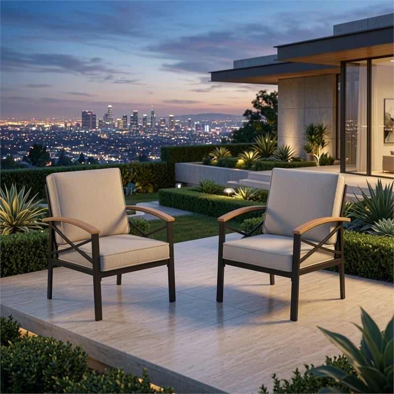 2 Pieces Havey-Duty Metal Outdoor Patio Armchair Set - All-Weather - Beige