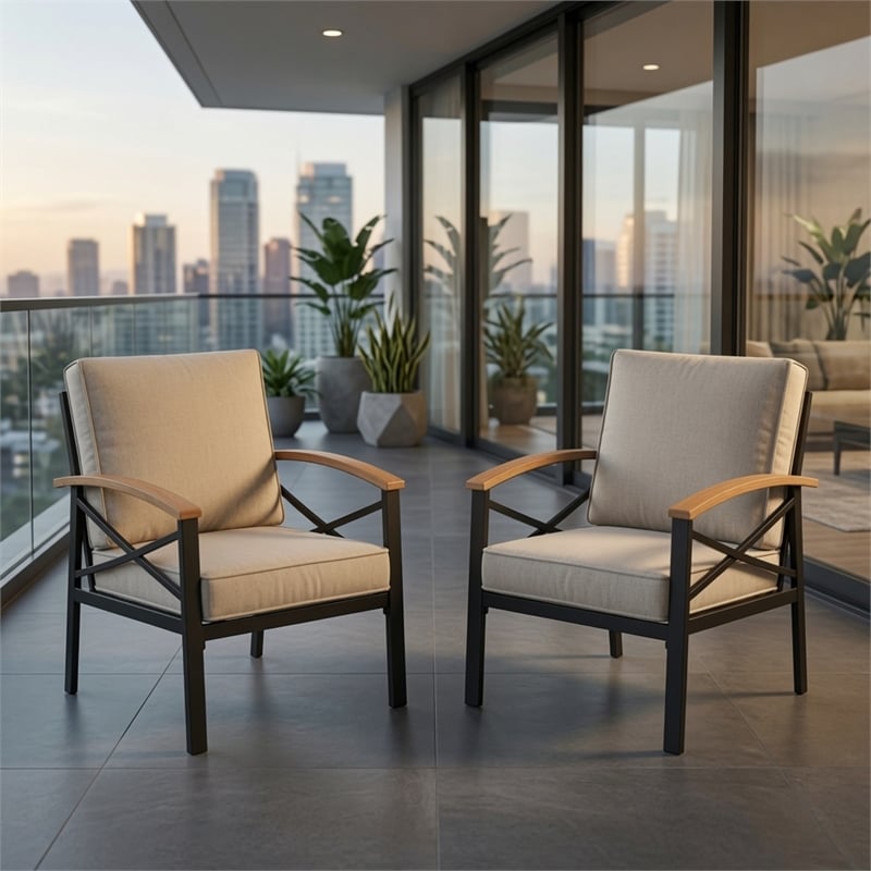 2 Pieces Havey-Duty Metal Outdoor Patio Armchair Set - All-Weather - Beige