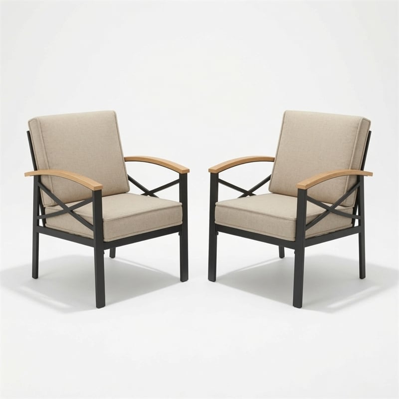 2 Pieces Havey-Duty Metal Outdoor Patio Armchair Set - All-Weather - Beige