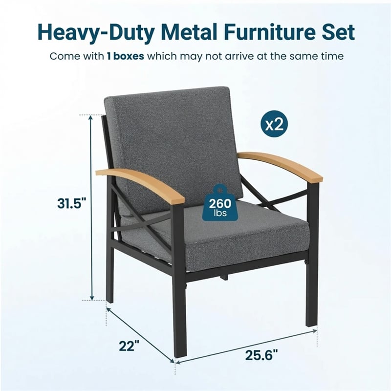 2 Pieces Havey-Duty Metal Outdoor Patio Armchair Set - All-Weather - Gray