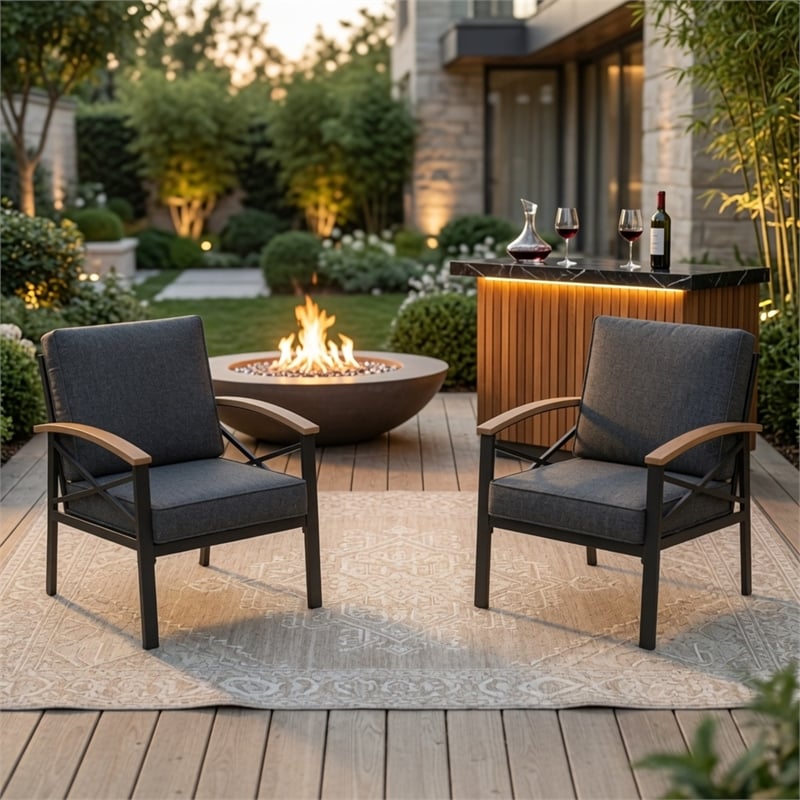 2 Pieces Havey-Duty Metal Outdoor Patio Armchair Set - All-Weather - Gray
