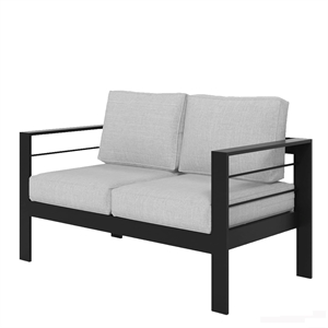 50&quot All-Weather Aluminum Patio Loveseat - Thick Light Gray Cushions - Black