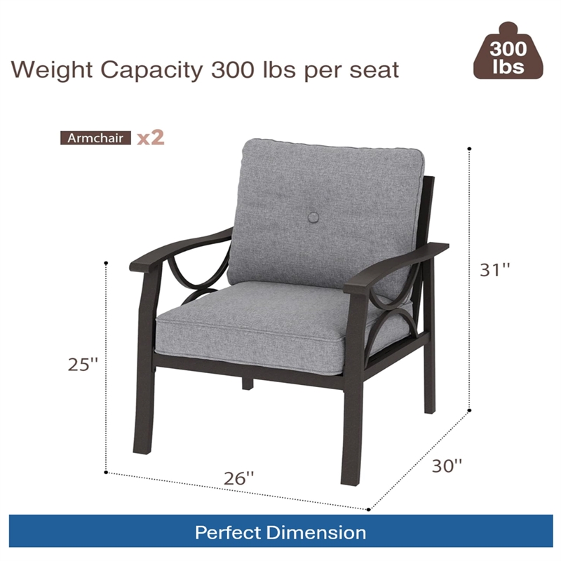 All-Weather Metal Armchairs - Khaki Frame with Gray Cushions (Set of 2)