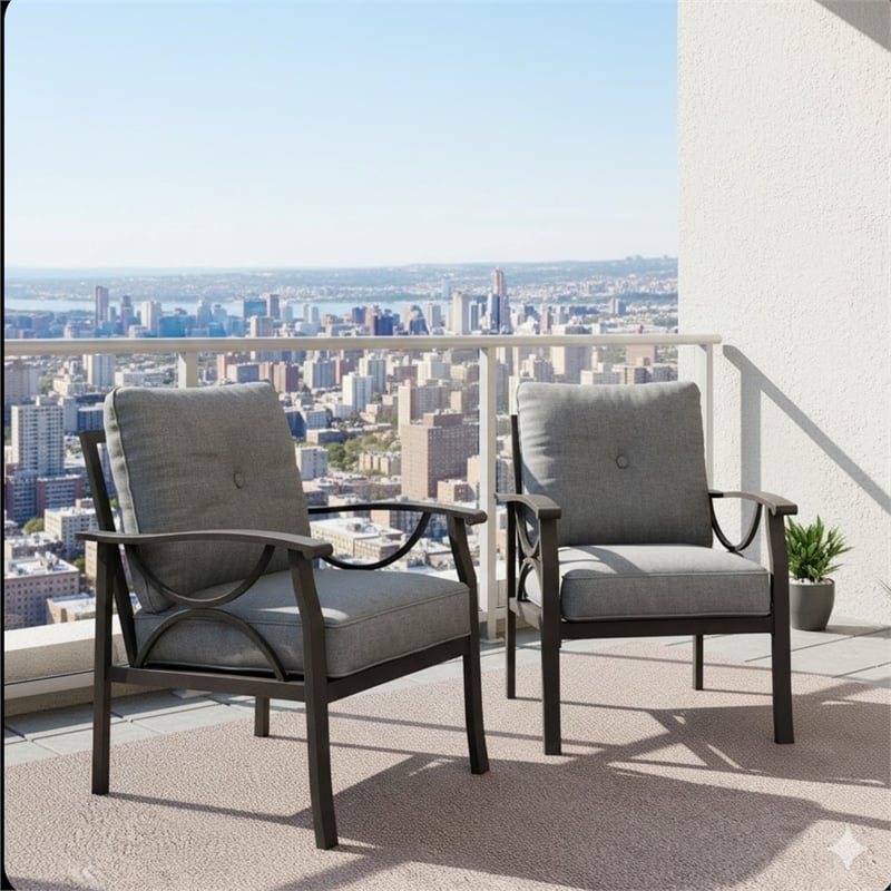All-Weather Metal Armchairs - Khaki Frame with Gray Cushions (Set of 2)